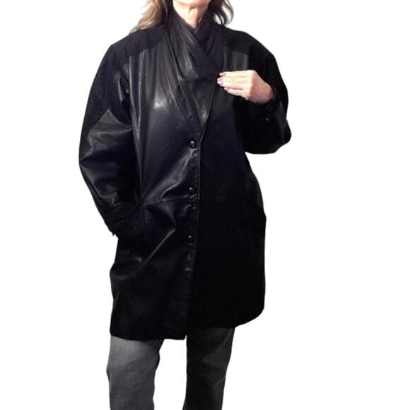 Y2K Leather Coat TEXTURED DETAIL Size L BLACK Patterned Accents Oversized Snaps - Picture 6 of 16